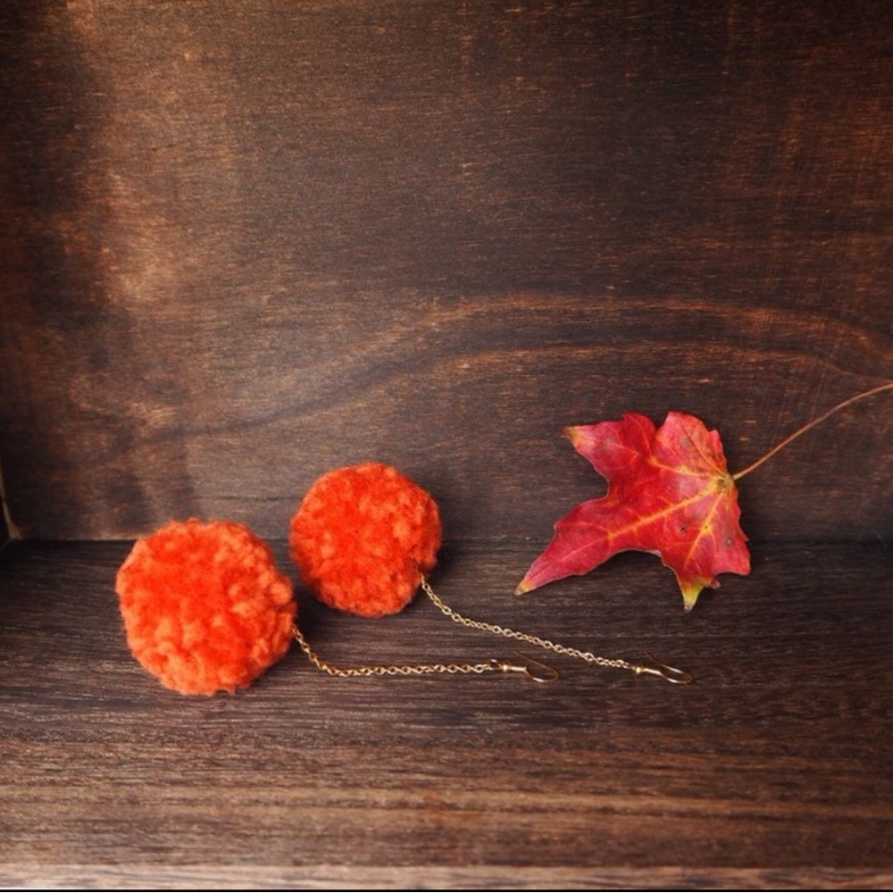 Pumpkin Orange Pom Pom Long Earrings